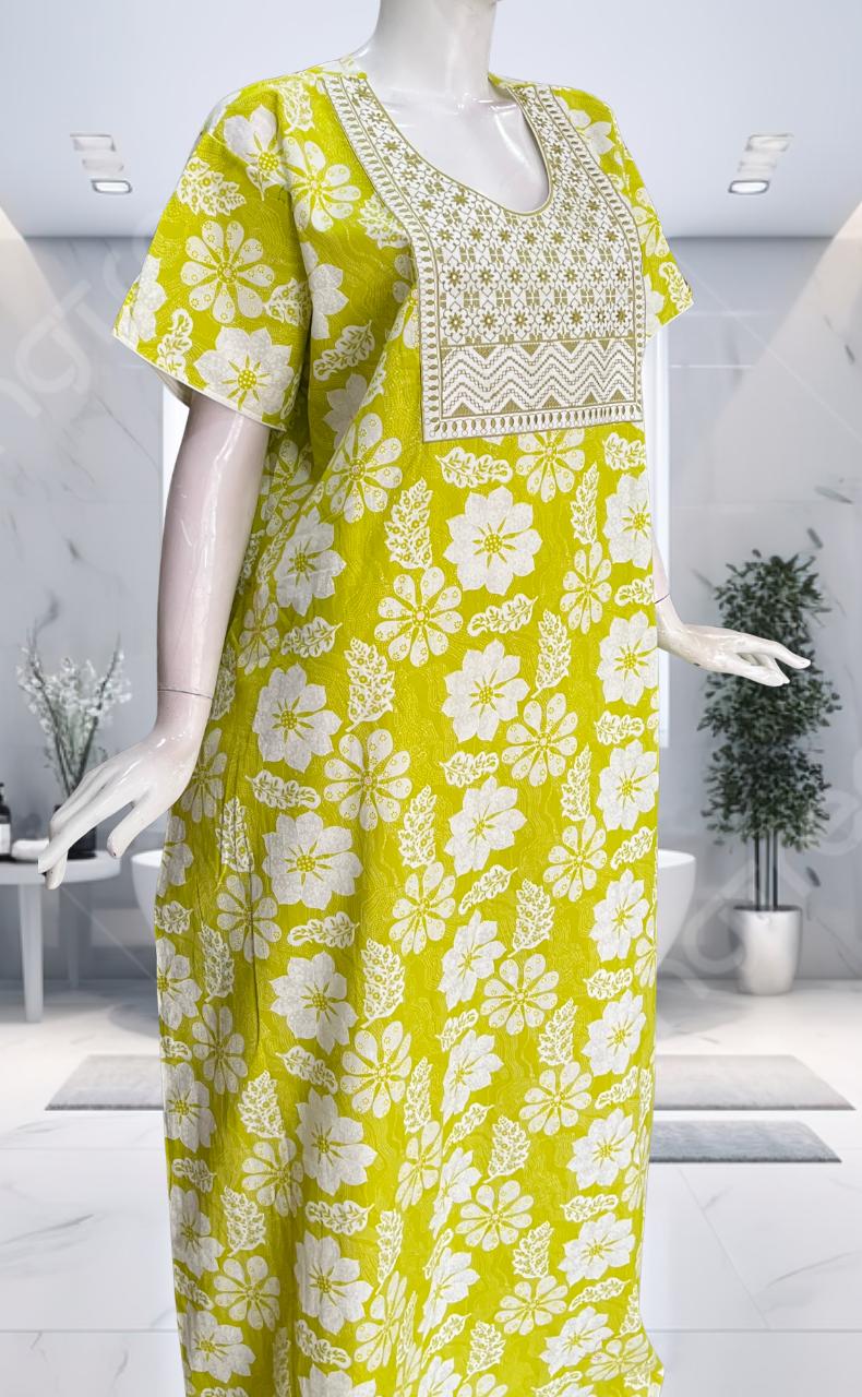 Lime Green Floral Pure Cotton Nighty. Pure Durable Cotton | Laces and Frills