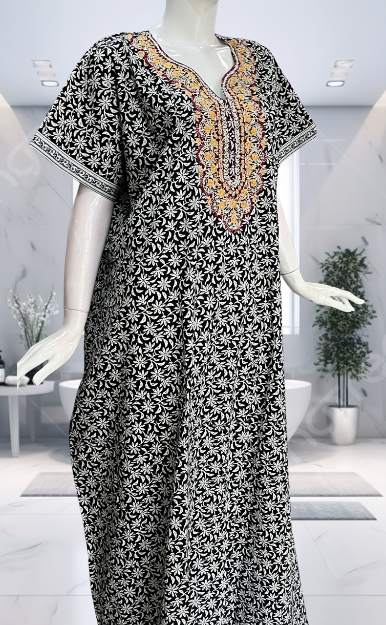 Black Flora Pure Cotton Nighty. Pure Durable Cotton | Laces and Frills
