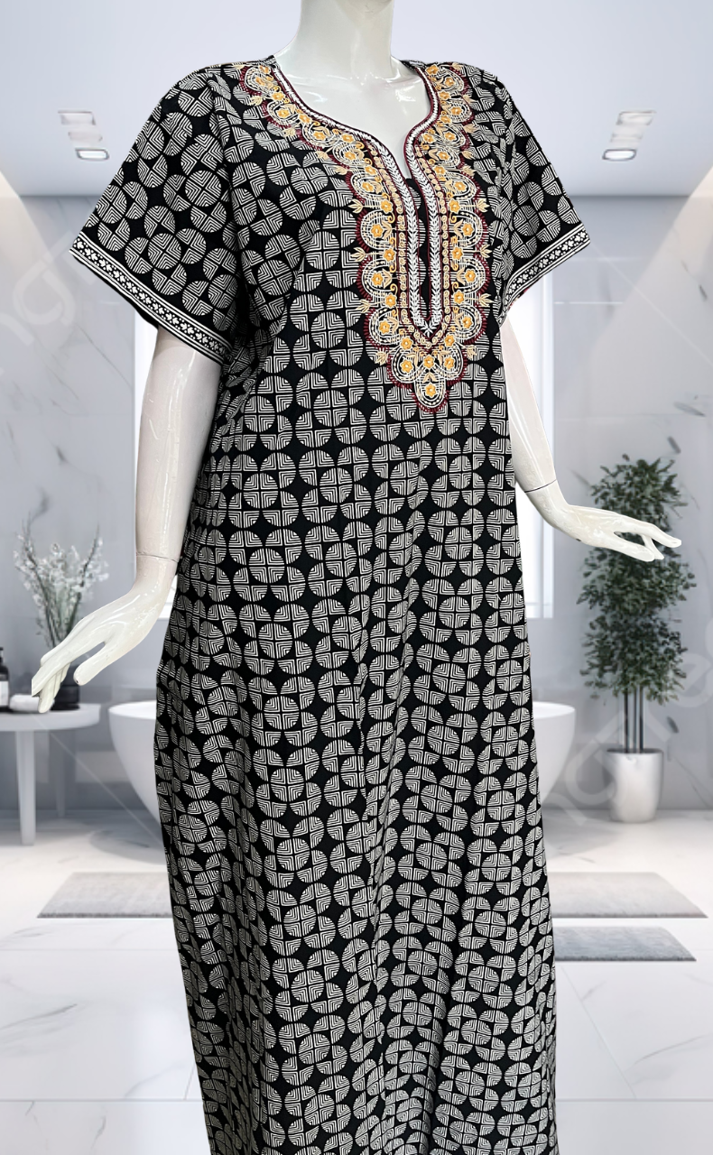 Black Abstract Pure Cotton Nighty. Pure Durable Cotton | Laces and Frills