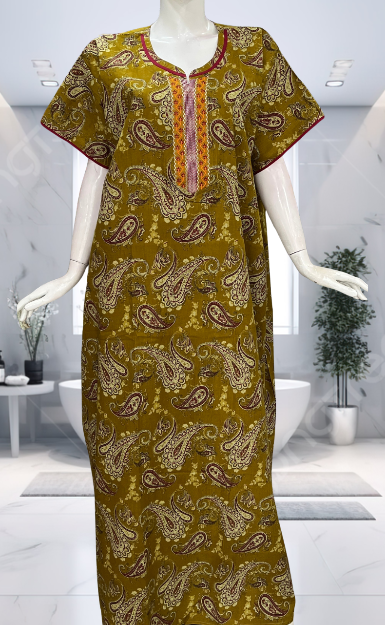 Mustard Paisley Print Pure Cotton Nighty. Pure Durable Cotton | Laces and Frills