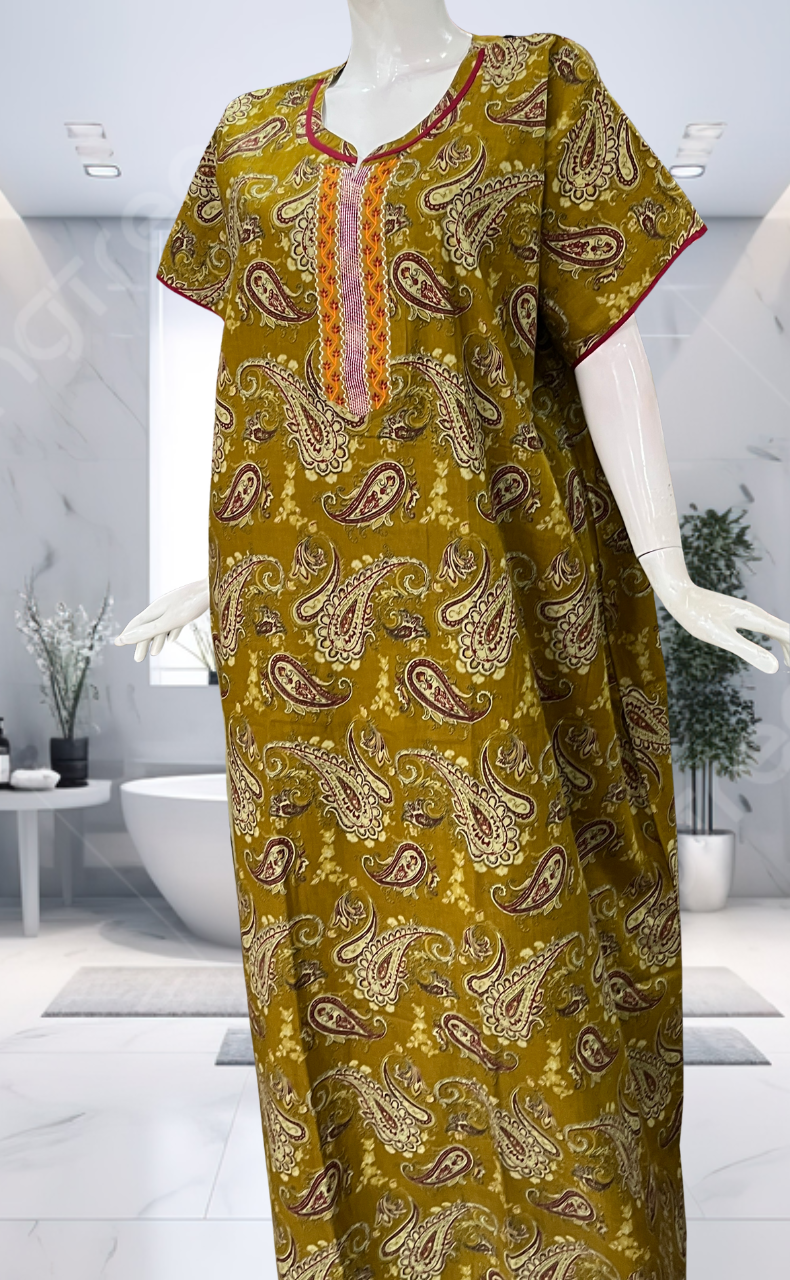 Mustard Paisley Print Pure Cotton Nighty. Pure Durable Cotton | Laces and Frills