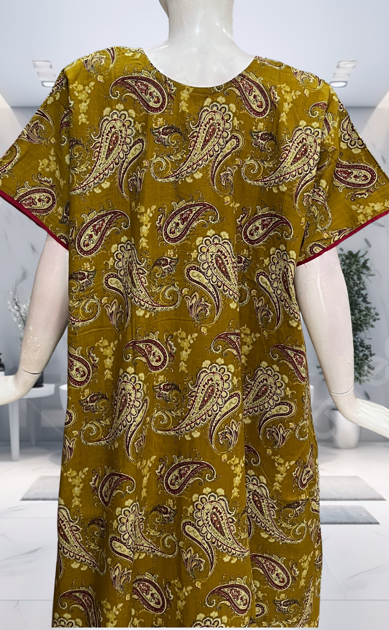 Mustard Paisley Print Pure Cotton Nighty. Pure Durable Cotton | Laces and Frills