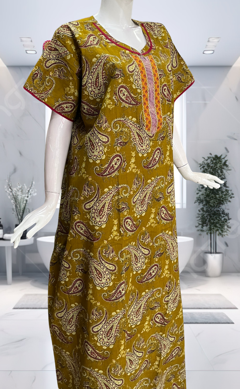 Mustard Paisley Print Pure Cotton Nighty. Pure Durable Cotton | Laces and Frills