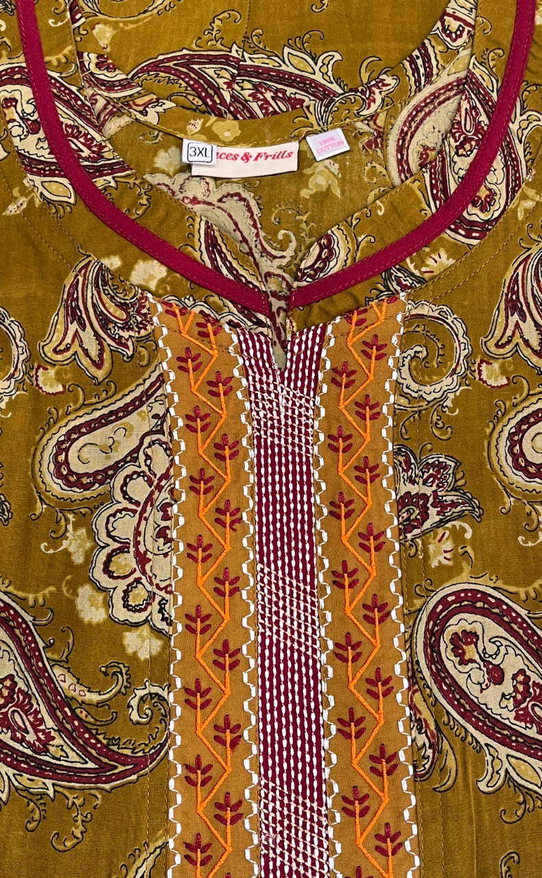 Mustard Paisley Print Pure Cotton Nighty. Pure Durable Cotton | Laces and Frills