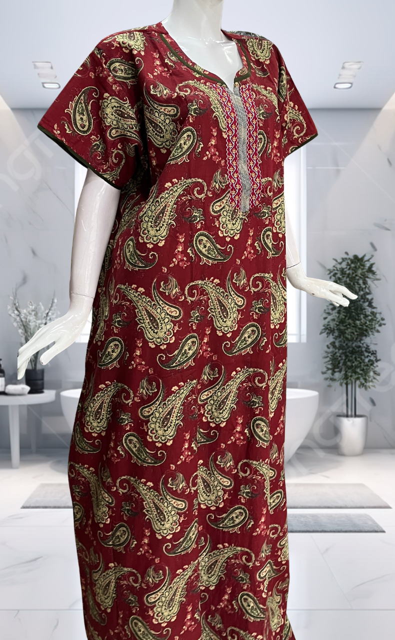 Maroon Paisley Print Pure Cotton Nighty. Pure Durable Cotton | Laces and Frills - Laces and Frills