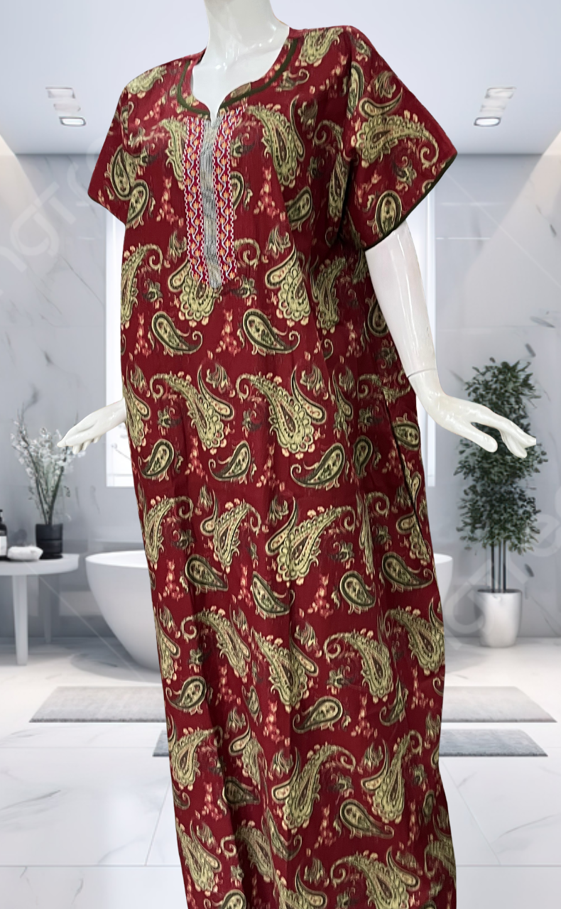 Maroon Paisley Print Pure Cotton Nighty. Pure Durable Cotton | Laces and Frills - Laces and Frills
