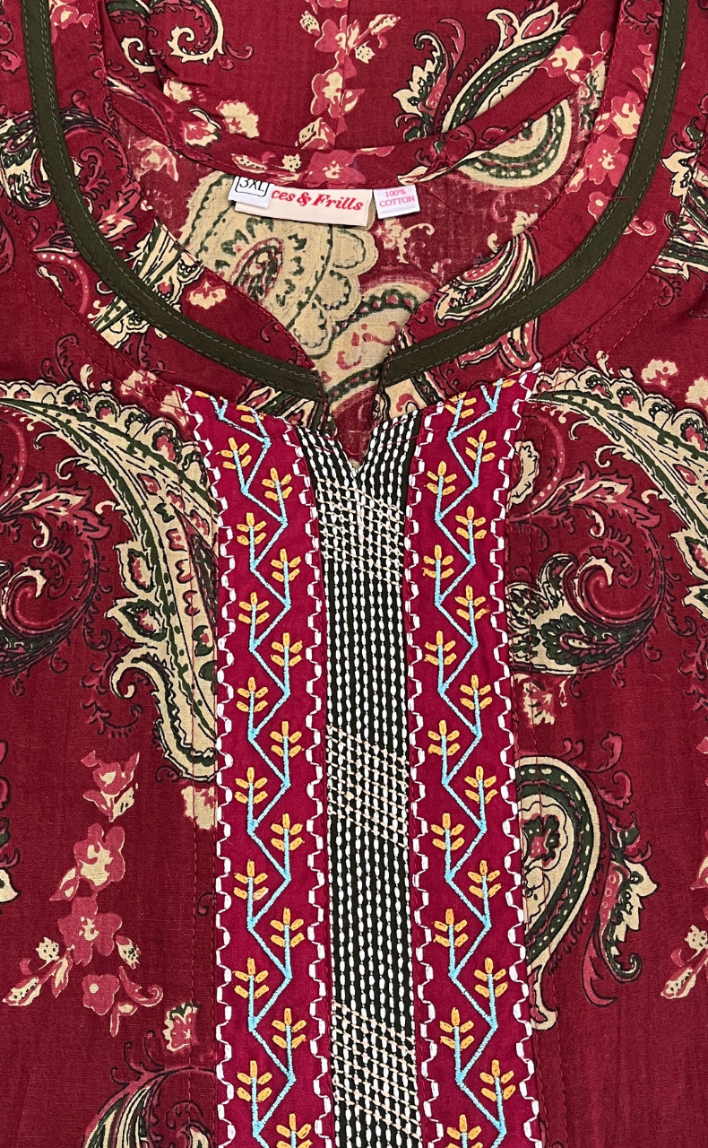 Maroon Paisley Print Pure Cotton Nighty. Pure Durable Cotton | Laces and Frills - Laces and Frills