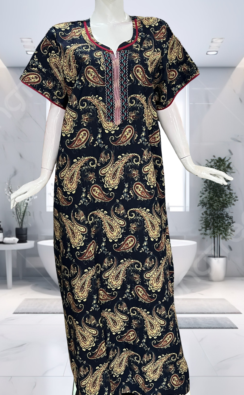 Navy Blue Paisley Print Pure Cotton Nighty. Pure Durable Cotton | Laces and Frills