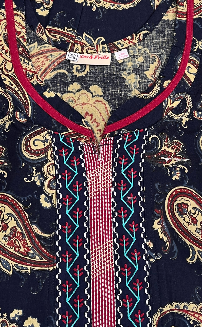 Navy Blue Paisley Print Pure Cotton Nighty. Pure Durable Cotton | Laces and Frills