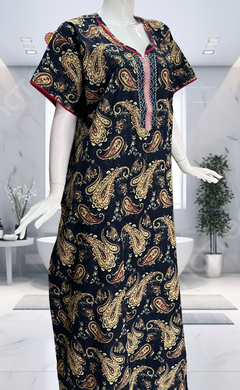 Navy Blue Paisley Print Pure Cotton Nighty. Pure Durable Cotton | Laces and Frills