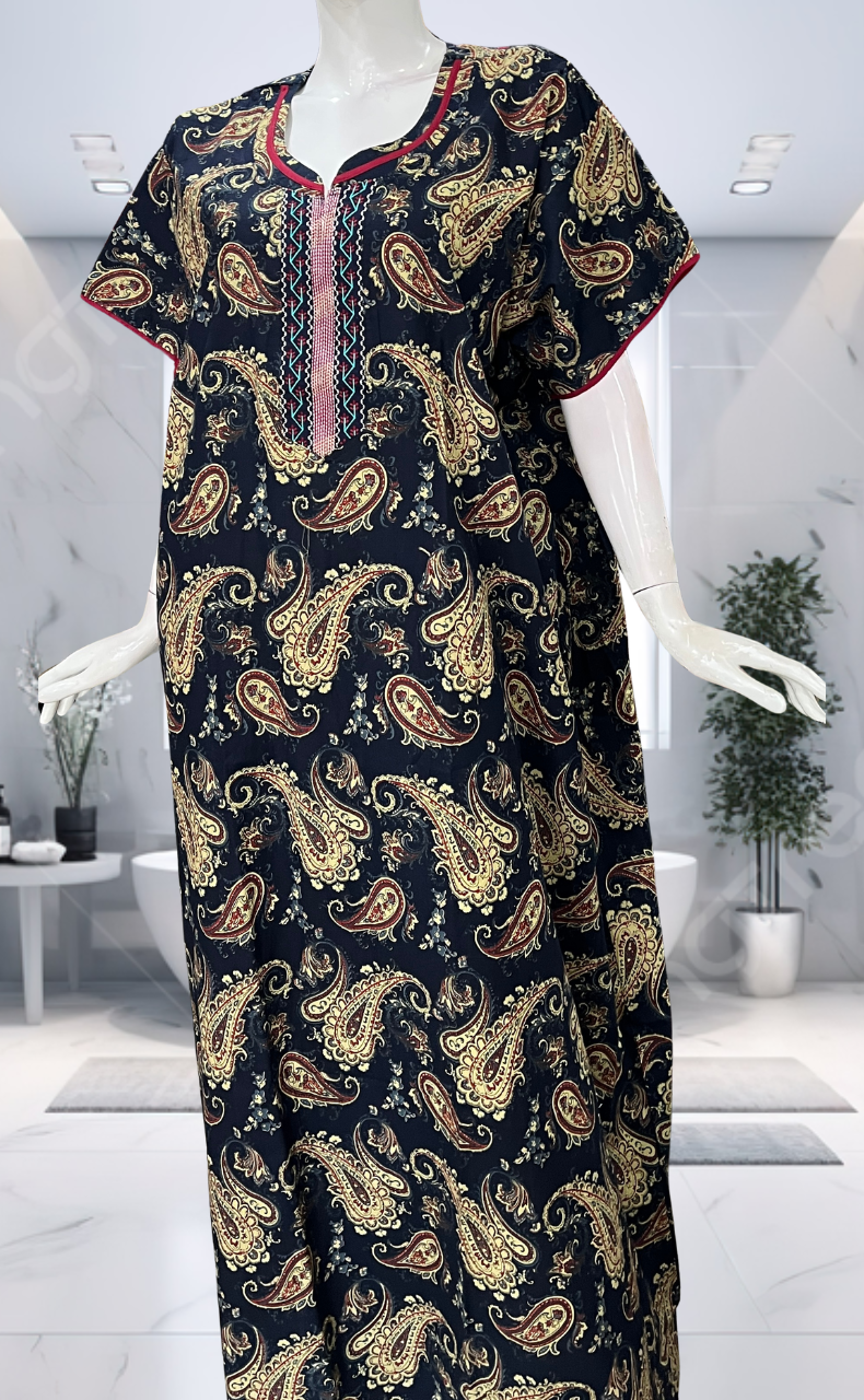 Navy Blue Paisley Print Pure Cotton Nighty. Pure Durable Cotton | Laces and Frills