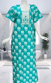 Sea Green Floral Pure Cotton Nighty. Pure Durable Cotton | Laces and Frills - Laces and Frills