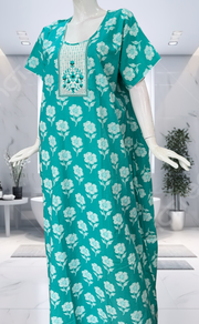 Sea Green Floral Pure Cotton Nighty. Pure Durable Cotton | Laces and Frills - Laces and Frills