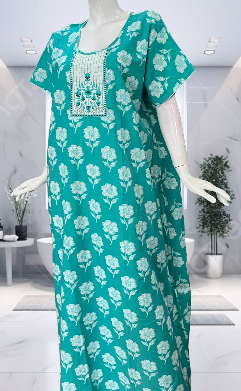 Sea Green Floral Pure Cotton Nighty. Pure Durable Cotton | Laces and Frills - Laces and Frills