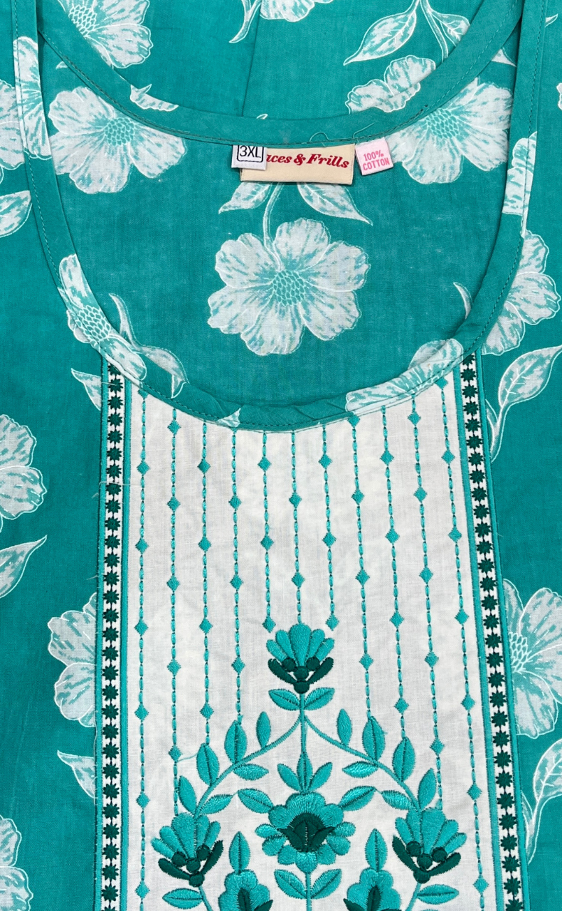 Sea Green Floral Pure Cotton Nighty. Pure Durable Cotton | Laces and Frills - Laces and Frills