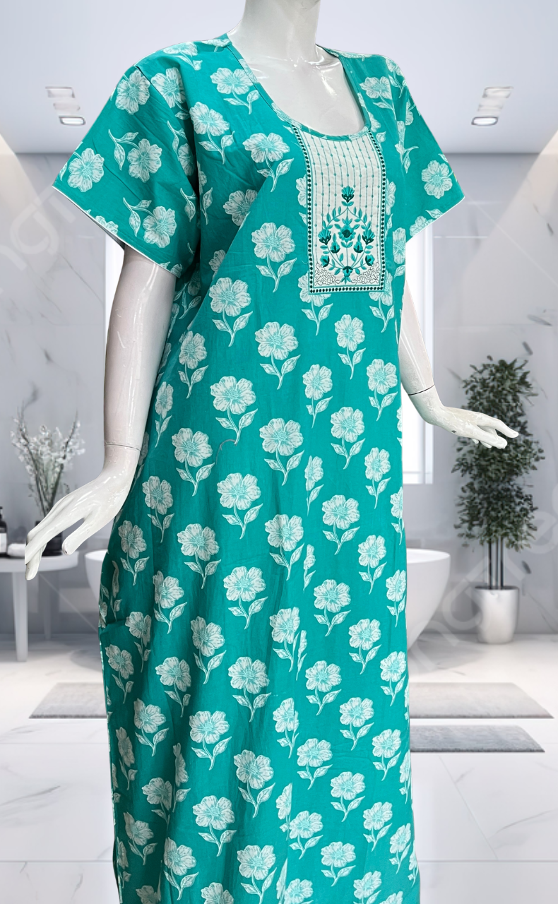 Sea Green Floral Pure Cotton Nighty. Pure Durable Cotton | Laces and Frills - Laces and Frills