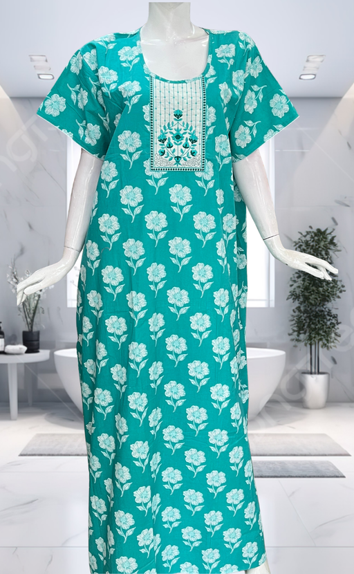Sea Green Floral Pure Cotton Nighty. Pure Durable Cotton | Laces and Frills - Laces and Frills