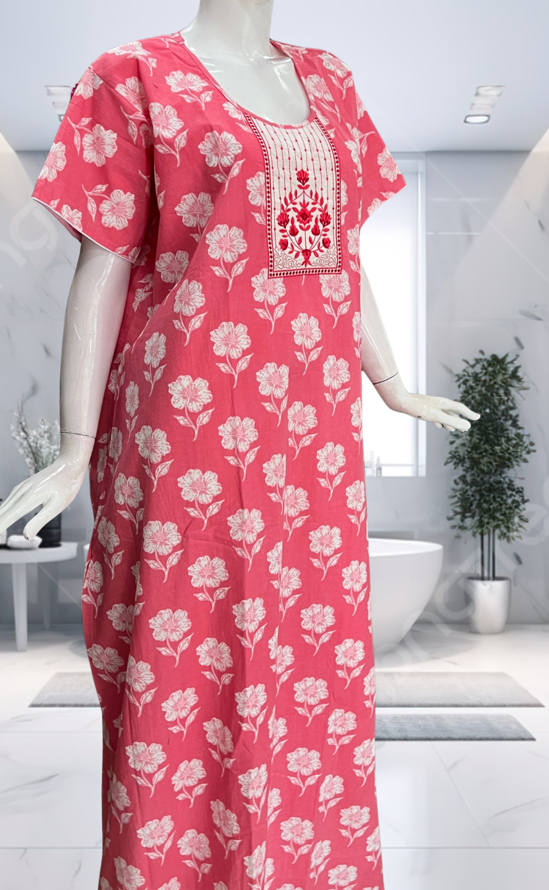 Peach Floral Pure Cotton Nighty. Pure Durable Cotton | Laces and Frills