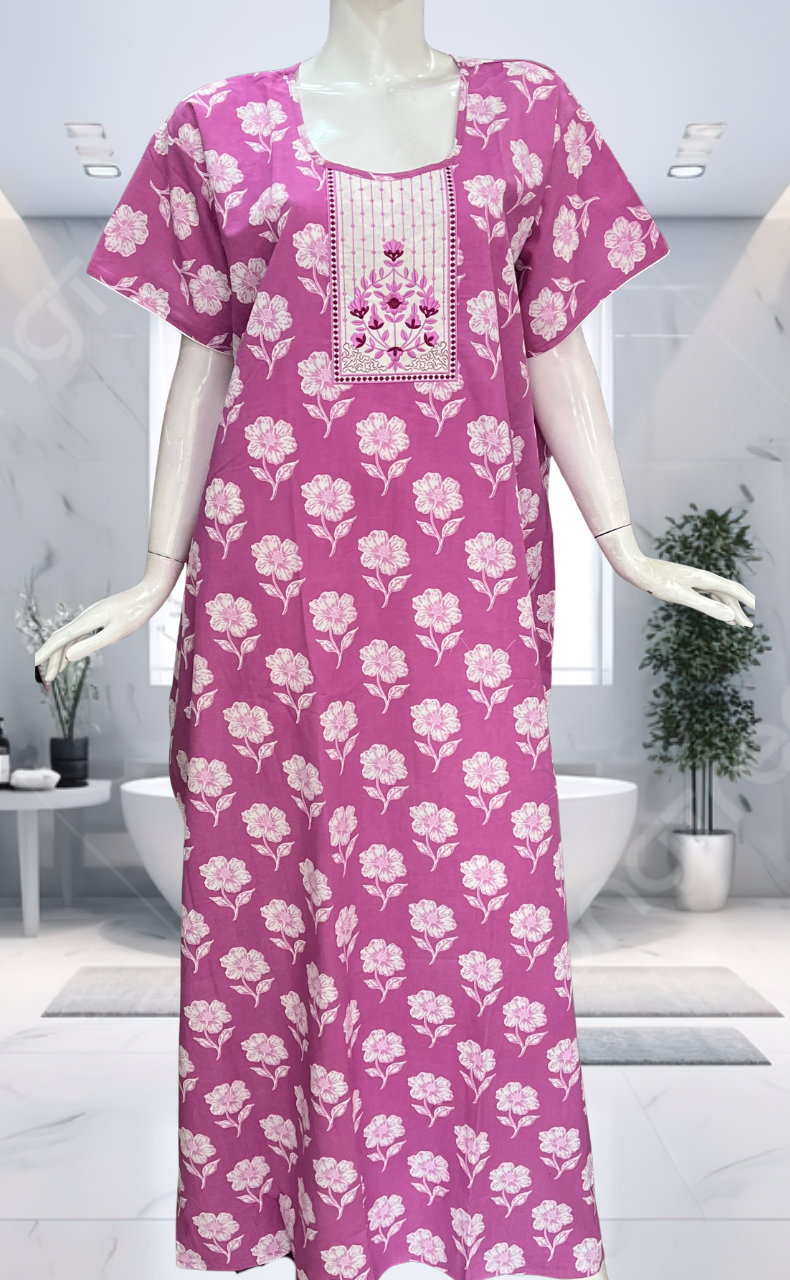 Purple Floral Pure Cotton Nighty. Pure Durable Cotton | Laces and Frills
