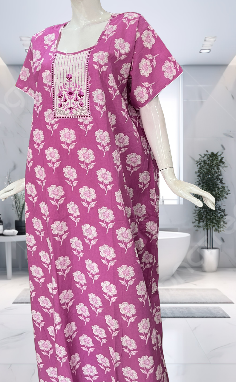 Purple Floral Pure Cotton Nighty. Pure Durable Cotton | Laces and Frills