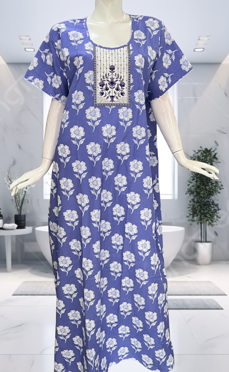 Lavender Floral Pure Cotton Nighty. Pure Durable Cotton | Laces and Frills - Laces and Frills