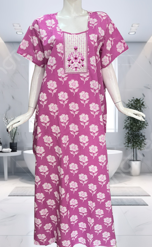 Purple Floral Pure Cotton Nighty. Pure Durable Cotton | Laces and Frills - Laces and Frills