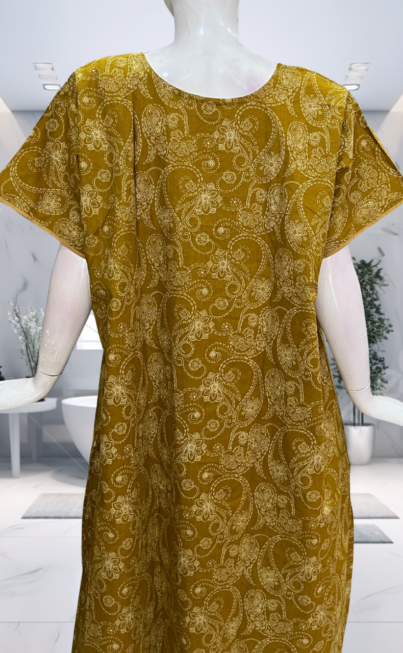 Mustard Paisley Print Pure Cotton Nighty. Pure Durable Cotton | Laces and Frills