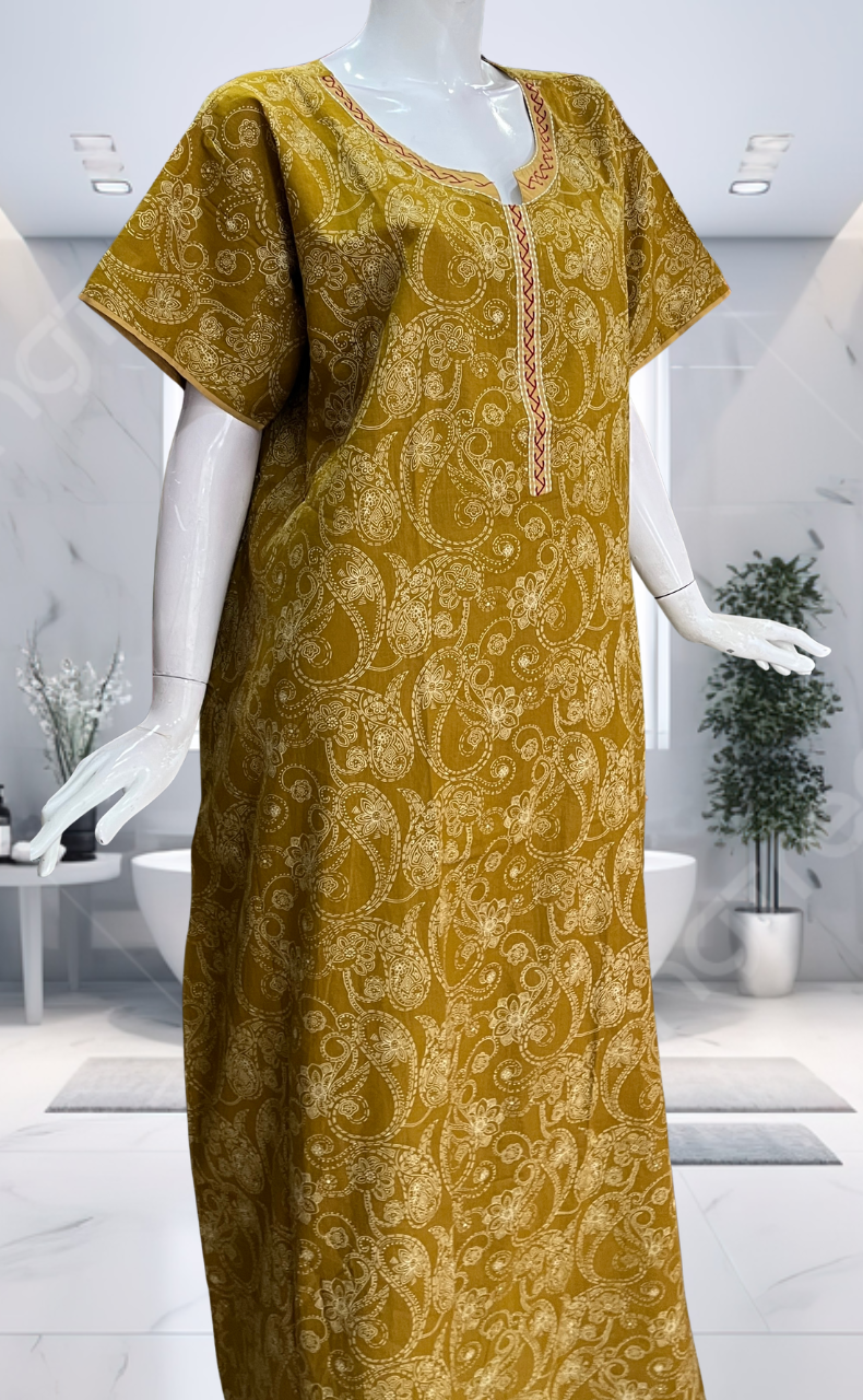Mustard Paisley Print Pure Cotton Nighty. Pure Durable Cotton | Laces and Frills
