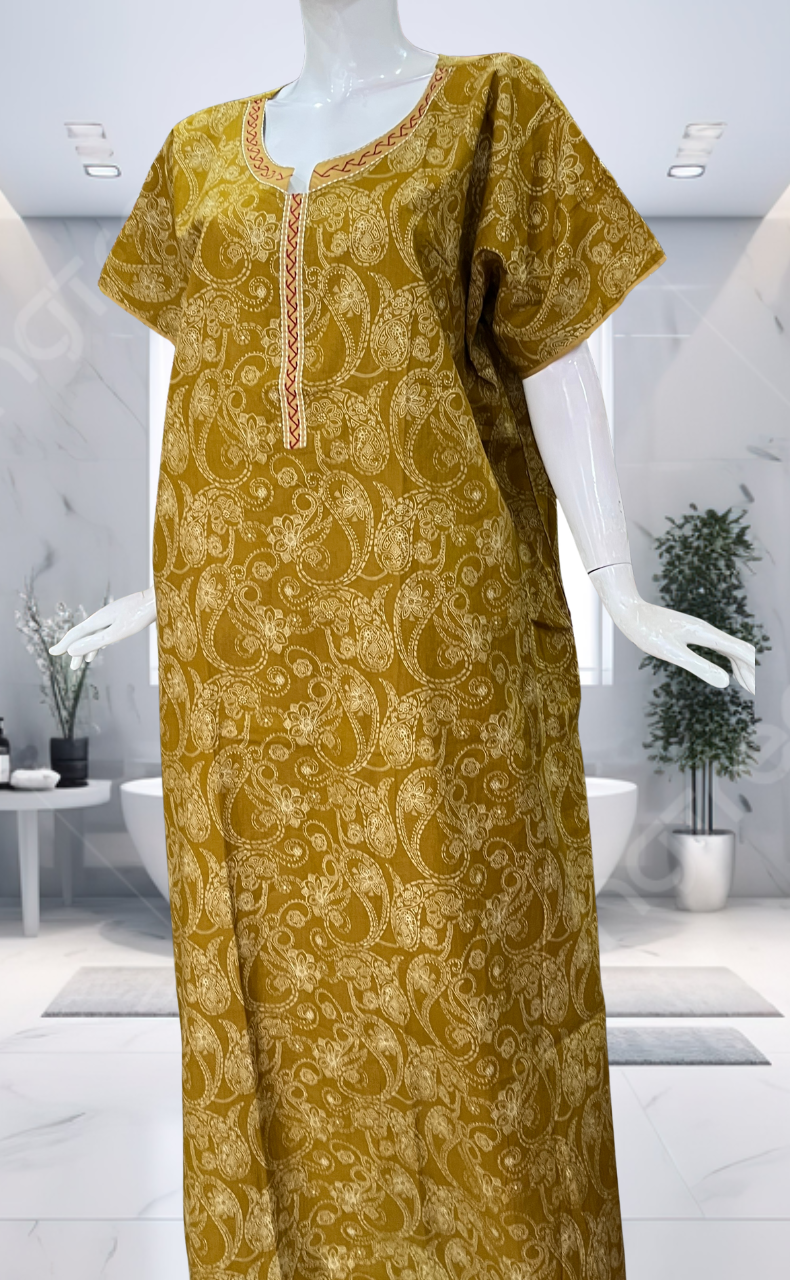 Mustard Paisley Print Pure Cotton Nighty. Pure Durable Cotton | Laces and Frills