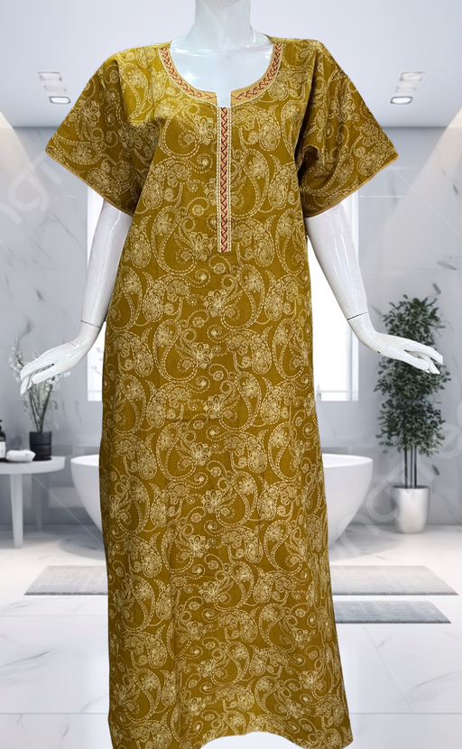 Mustard Paisley Print Pure Cotton Nighty. Pure Durable Cotton | Laces and Frills - Laces and Frills