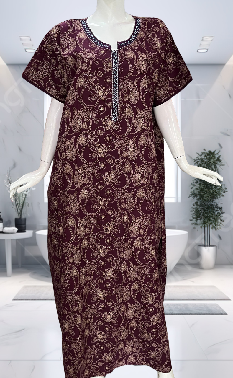 Maroon Paisley Print Pure Cotton Nighty. Pure Durable Cotton | Laces and Frills