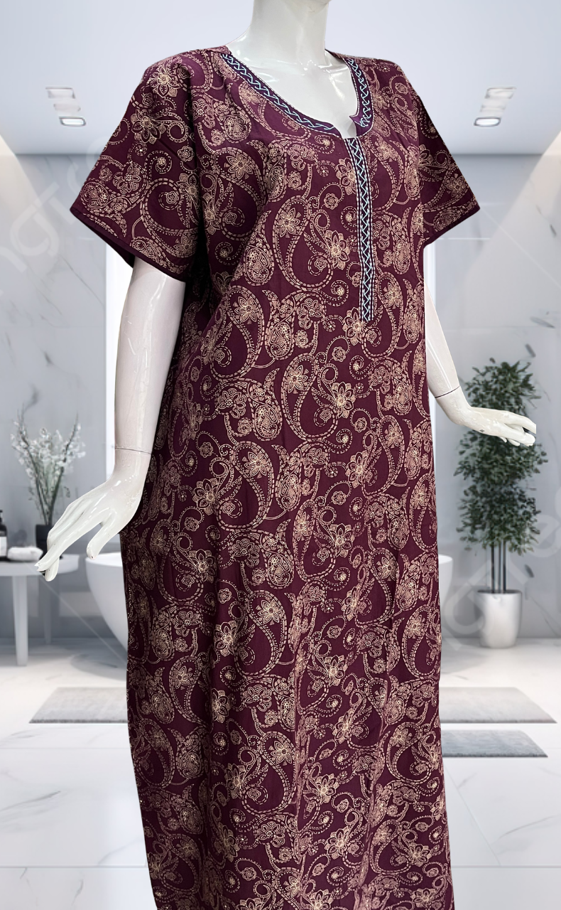 Maroon Paisley Print Pure Cotton Nighty. Pure Durable Cotton | Laces and Frills