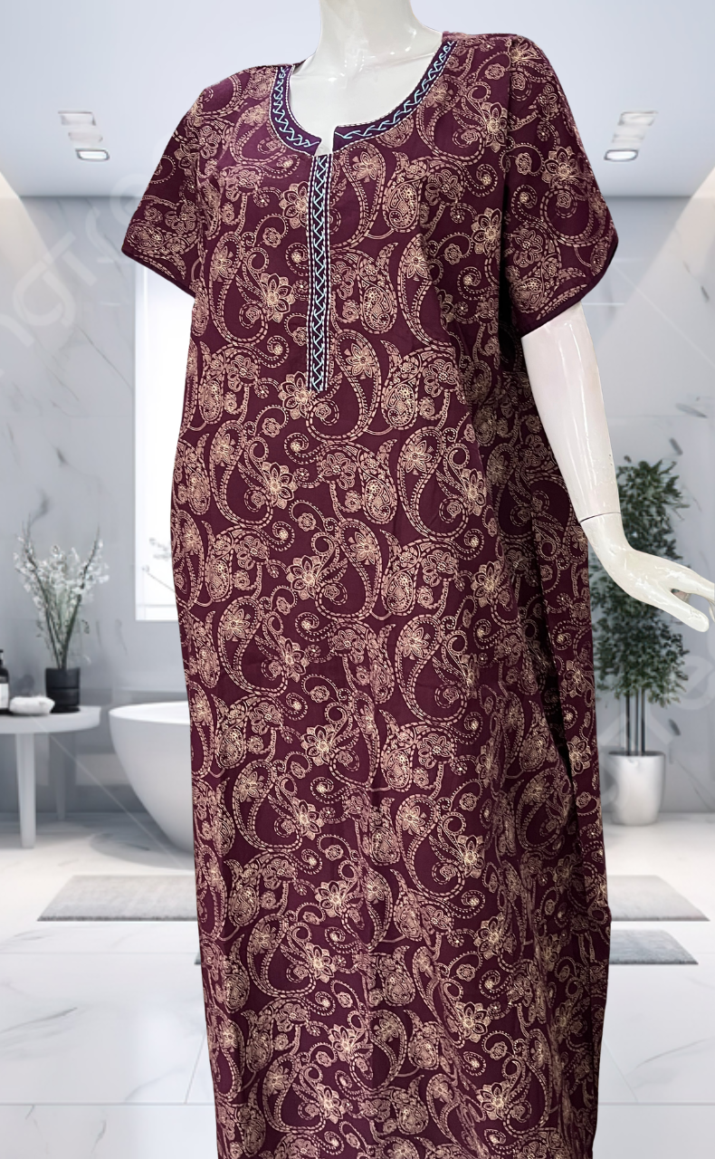 Maroon Paisley Print Pure Cotton Nighty. Pure Durable Cotton | Laces and Frills