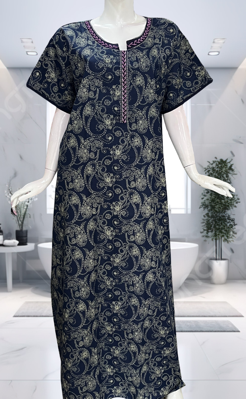 Navy Blue Paisley Print Pure Cotton Nighty. Pure Durable Cotton | Laces and Frills