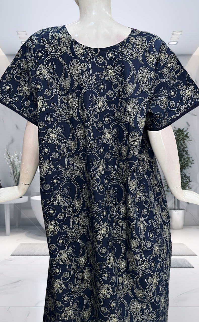 Navy Blue Paisley Print Pure Cotton Nighty. Pure Durable Cotton | Laces and Frills