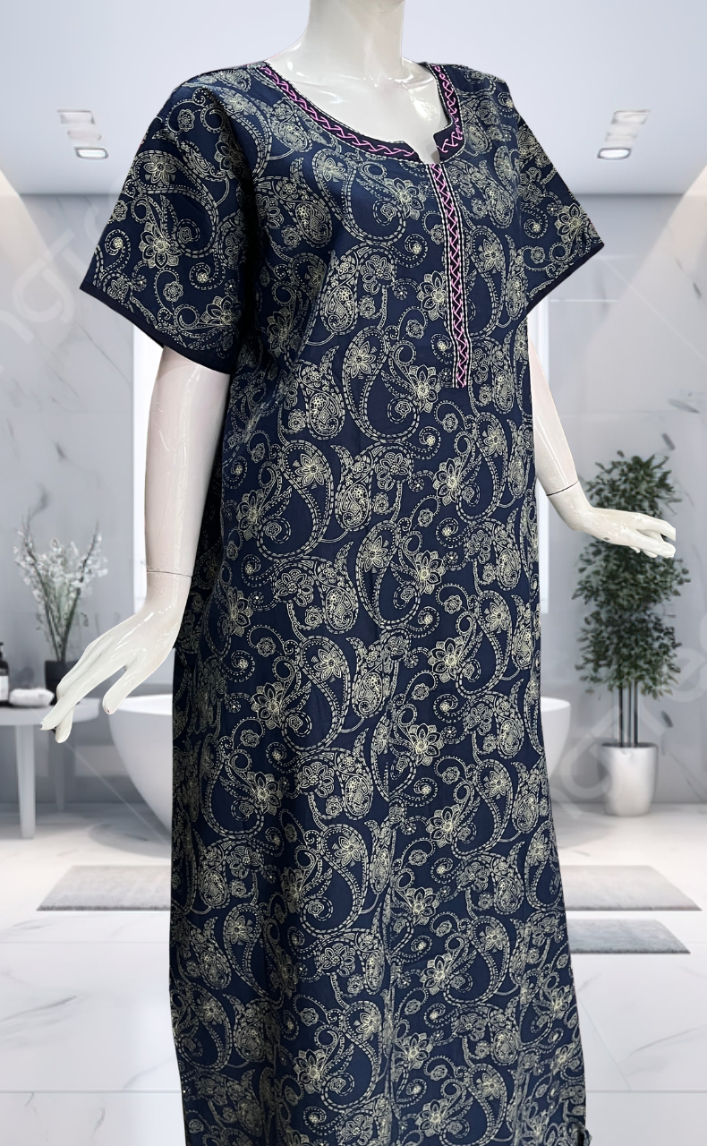 Navy Blue Paisley Print Pure Cotton Nighty. Pure Durable Cotton | Laces and Frills