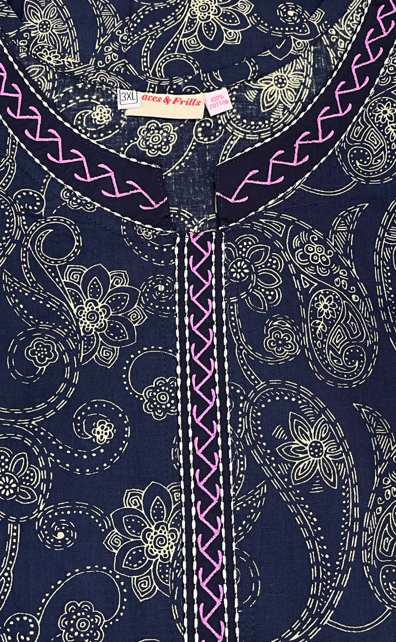 Navy Blue Paisley Print Pure Cotton Nighty. Pure Durable Cotton | Laces and Frills