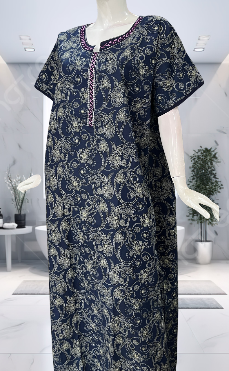 Navy Blue Paisley Print Pure Cotton Nighty. Pure Durable Cotton | Laces and Frills