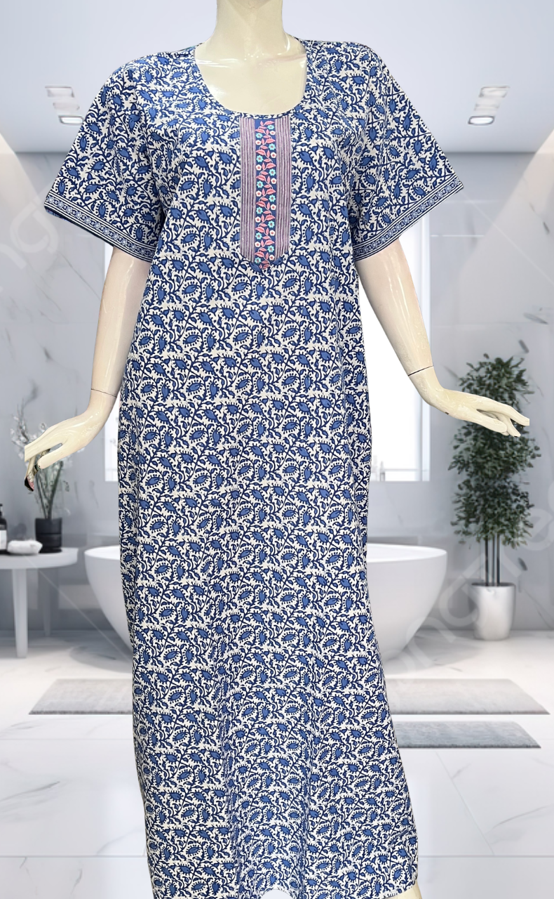 Blue Leafy Pure Cotton Nighty. Pure Durable Cotton | Laces and Frills