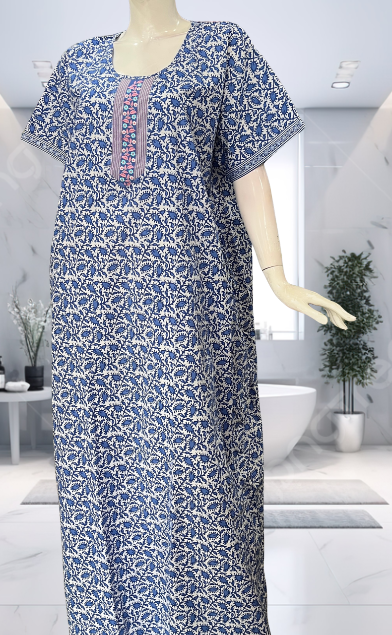 Blue Leafy Pure Cotton Nighty. Pure Durable Cotton | Laces and Frills