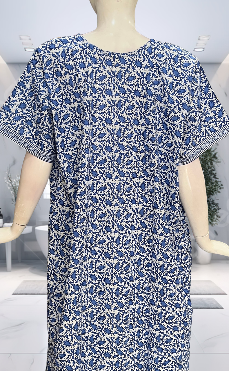 Blue Leafy Pure Cotton Nighty. Pure Durable Cotton | Laces and Frills