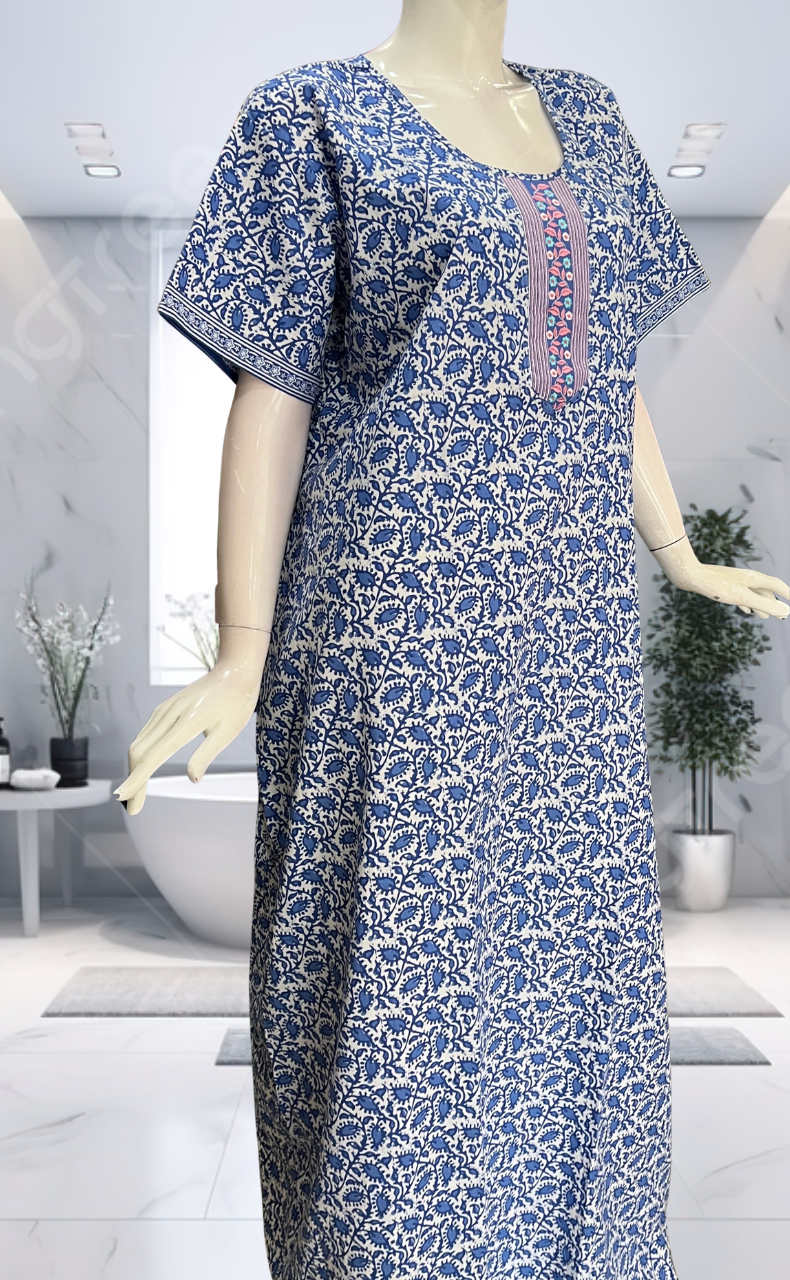 Blue Leafy Pure Cotton Nighty. Pure Durable Cotton | Laces and Frills