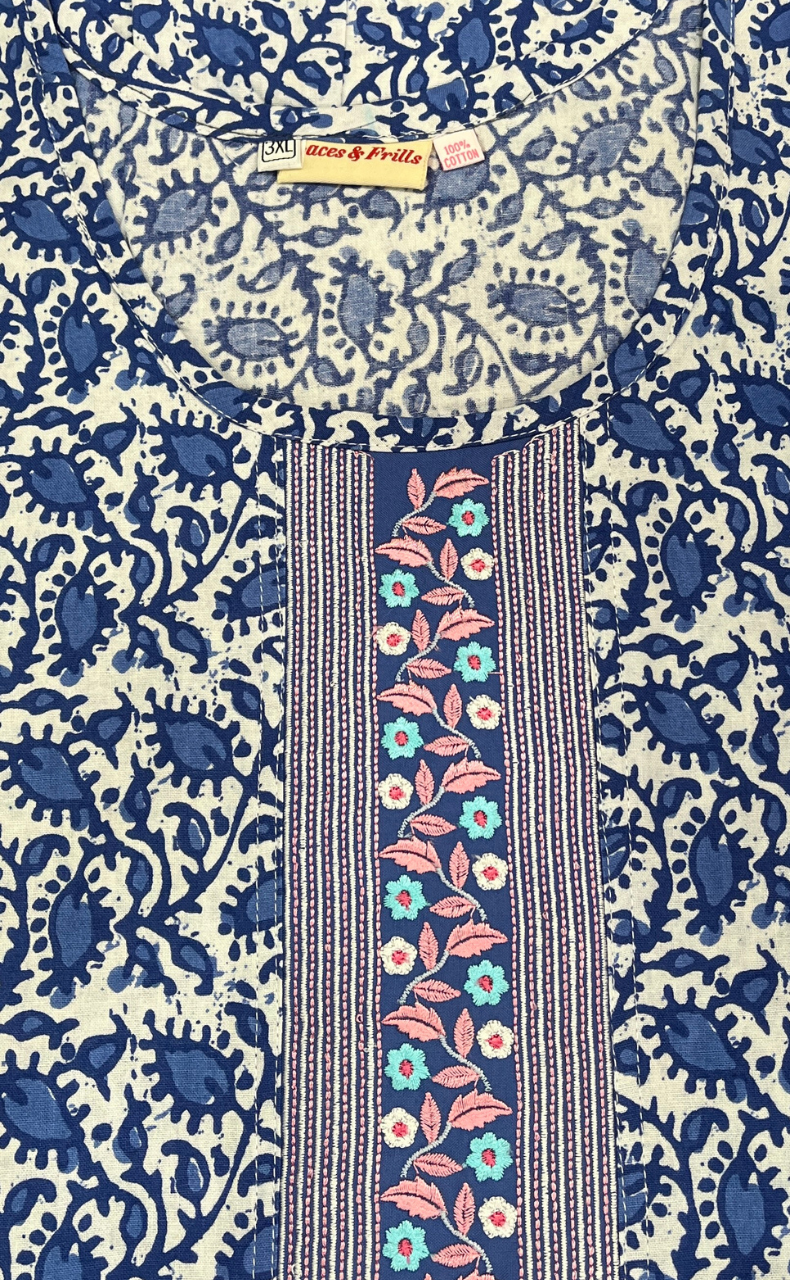 Blue Leafy Pure Cotton Nighty. Pure Durable Cotton | Laces and Frills