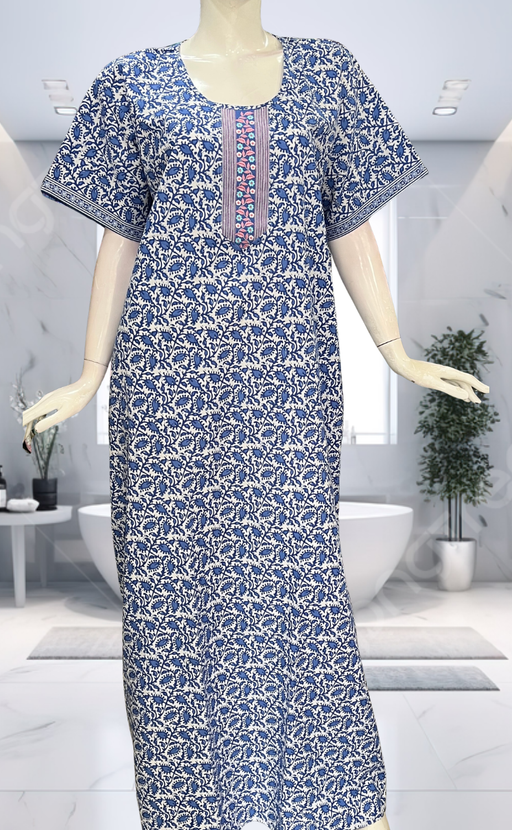 Blue Leafy Pure Cotton Nighty. Pure Durable Cotton | Laces and Frills - Laces and Frills