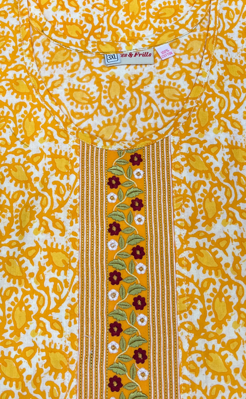 Yellow Leafy Pure Cotton Nighty. Pure Durable Cotton | Laces and Frills