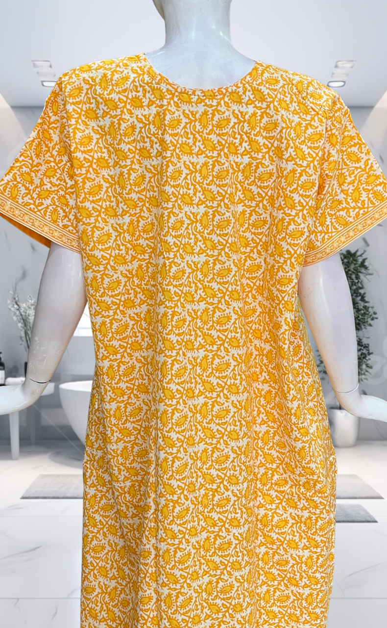 Yellow Leafy Pure Cotton Nighty. Pure Durable Cotton | Laces and Frills
