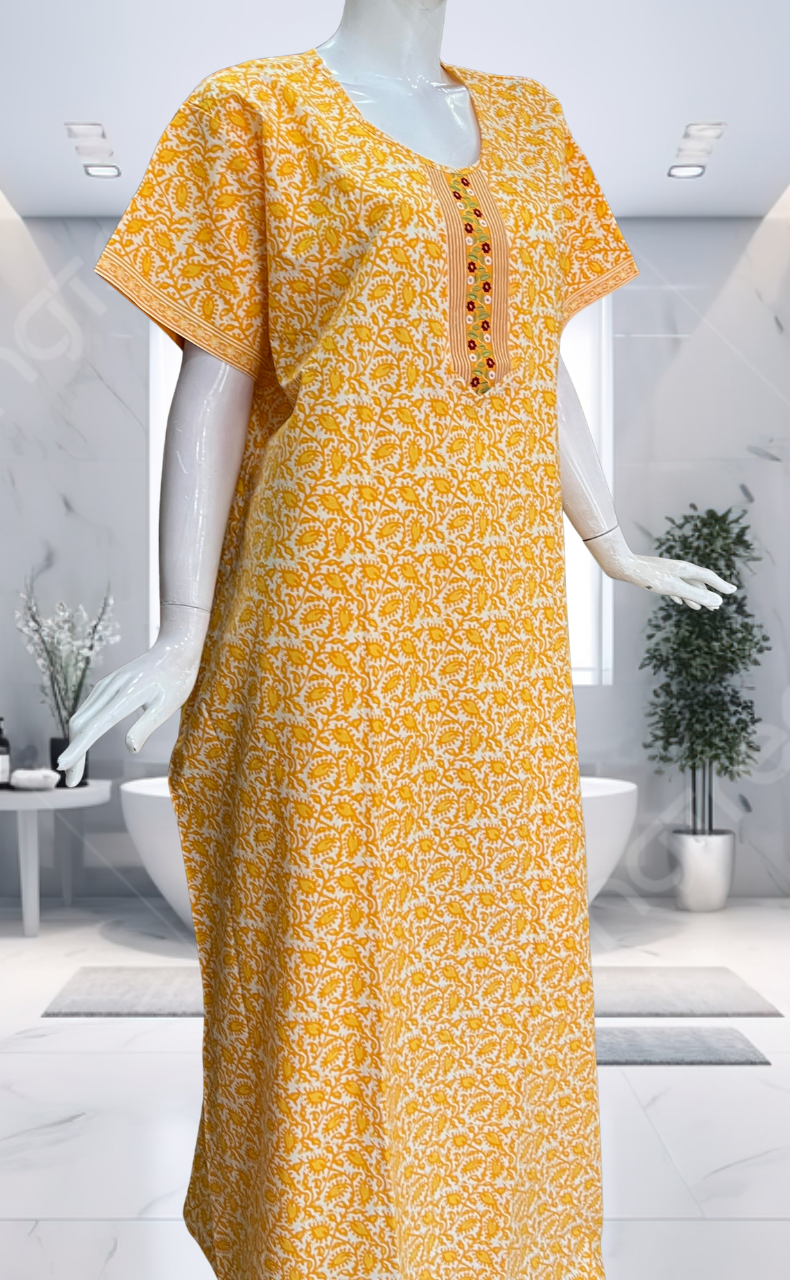 Yellow Leafy Pure Cotton Nighty. Pure Durable Cotton | Laces and Frills