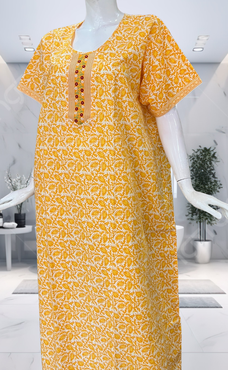 Yellow Leafy Pure Cotton Nighty. Pure Durable Cotton | Laces and Frills