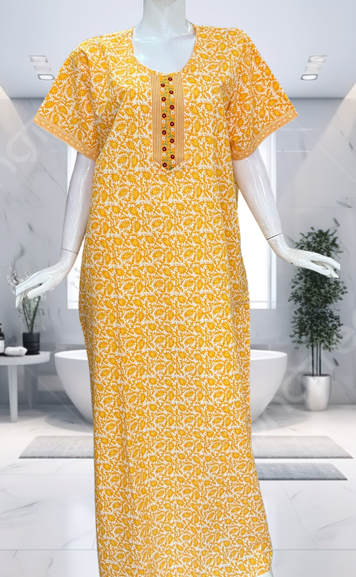 Yellow Leafy Pure Cotton Nighty. Pure Durable Cotton | Laces and Frills - Laces and Frills
