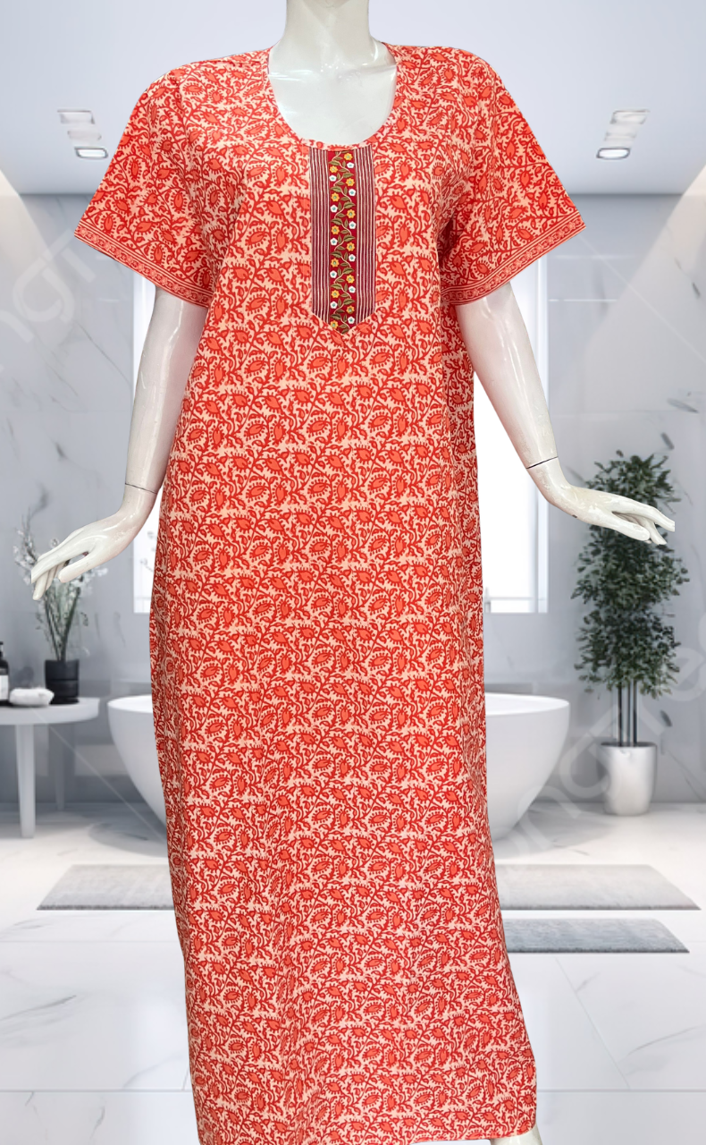 Peach Leafy Pure Cotton Nighty. Pure Durable Cotton | Laces and Frills